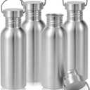 Volhoply 22oz Uninsulated Single Walled Water Bottle 4 Pack, Stainless Steel Reusable Water Bottles with Handle, BPA Free & Plastic Free 18/8 304 Metal Water Bottles for Camping, Hikers, Cyclists