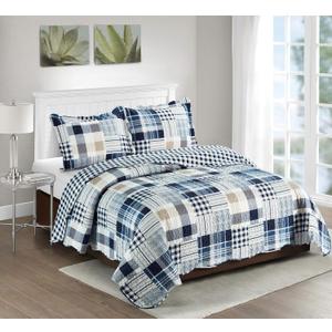 Brilliant Sunshine Plaids and Stripes Quilt Set, 3-Piece Bedding Sets with 2 Shams, Patchwork Design, Washable and Reversible Bedspread, Soft Lightweight Coverlet, All-Season, Full/Queen, Blue