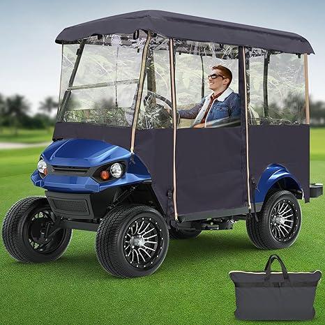 Golf Cart Enclosure 4 Passenger Rain Winter Cover Long Roof for Club Car Ezgo Yamaha, Side Doors Curtains, Transparent Window, Four Person Seat, Waterproof, Weather Protection, 86 Inch Black