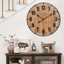 Large Old Town Farmhouse Wall Clock 24 Inch Rustic Antique Wood with Metal Circle and Large Numerals Silent Battery Operated Wall Clock for Office Kitchen Bedroom Living Room (Brown)