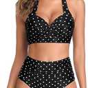 Tempt Me Women Two Piece Swimsuit High Waisted Bikini Halter Vintage Retro Bathing Suit Push up Swimwear (Black, L)