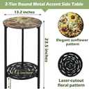 2-Tier Metal Round Side Table Black Accent Coffee Tables Small Space Corner Plant Stand Shelf for Indoor Outdoor Use Patio Balcony End Table Flower Print Weather-Resistant