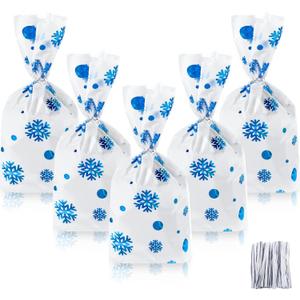 Outus 100 Pcs Christmas Favor Bags Snowflake Santa Claus Treat Bags Flat Cellophane Plastic Container for Bakery Cookies Candies Dessert with 100 Pieces Twist Ties(Snowflake,Blue)
