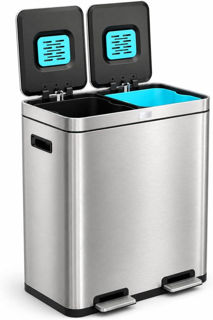 Home Zone Living 16 Gallon Kitchen Trash Can with Dual Compartments for Recycling, CleanAura Odor Control, Stainless Steel, Silver, 60 Liters Total