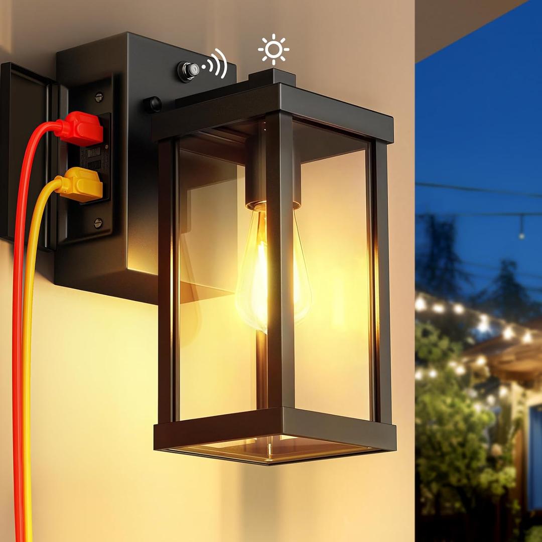 Porch Light with Outlet, Dusk to Dawn Outdoor Light with GFCI Outlet Porch Wall Sconce Waterproof Exterior Light Fixtures Outside for House Patio Garage Hallway (Black)