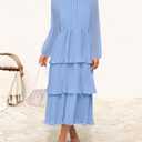 ZESICA Women's 2025 Long Sleeve Crew Neck Ruffle Tiered Layered Chiffon Flowy Swing Long Midi Dress (Light Blue, Large)