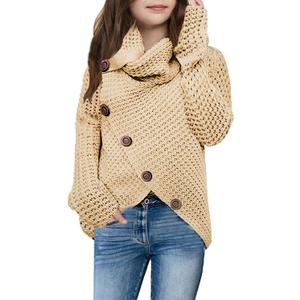 Haloumoning Girls Sweaters Button Turtle Cowl Neck Asymmetric Hem Wrap Pullover Sweaters for Girls (Beige)
