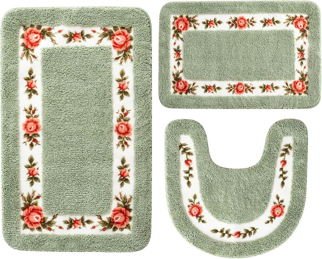 Drydiet 3 Pcs Rose Flowers Bathroom Rugs Set Coquette Room Decor Floral Carpet for Bathroom Bedroom Living Room, Floral Bath Mat Non Skid Romantic Rose Flower Area Rugs 3 Shapes(Green,Small)