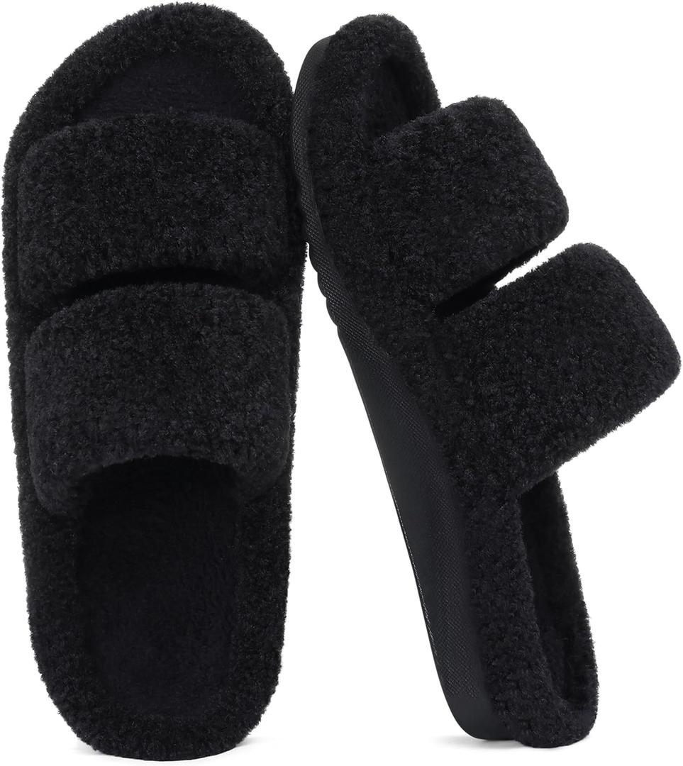 Litfun Women's Fuzzy House Slippers with Moderate Arch Support Open Toe Cozy Bedroom Shoes Indoor