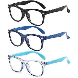 FANNYGO 3 Pack Kid Blue Light Glasses For Kids Girls Boys Computer Blue Light Kids Glasses Clear Glasses Age 3-9 (Black + Dark blue + Light blue)