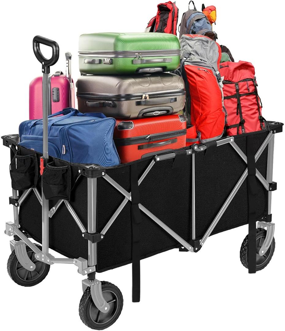 Folding Wagon Cart Heavy Duty Collapsible Utility Wagon Outdoor Camping Garden Cart with Universal Wheels for Camping, Sports, Shopping (Black) 