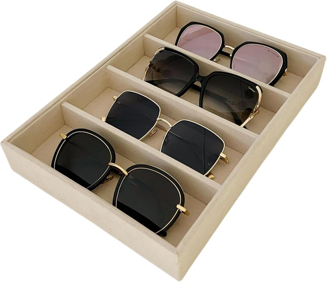 Velvet Sunglasses Organizer Tray 4 Slot, Stackable Eyewear & Glasses Display Case, Premium Beige Velvet, Scratch-Free Lining, Drawer Insert for Dressing Table Vanity Home Retail Trade Show