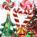 7 Pcs Christmas Balloons, Huge Red Green Candy Cane Tree Gift Box Aluminum Foil Balloons for Winter Wonderland Xmas Friendsmas Santa Claus Ugly Sweater Party Decoration Supplies