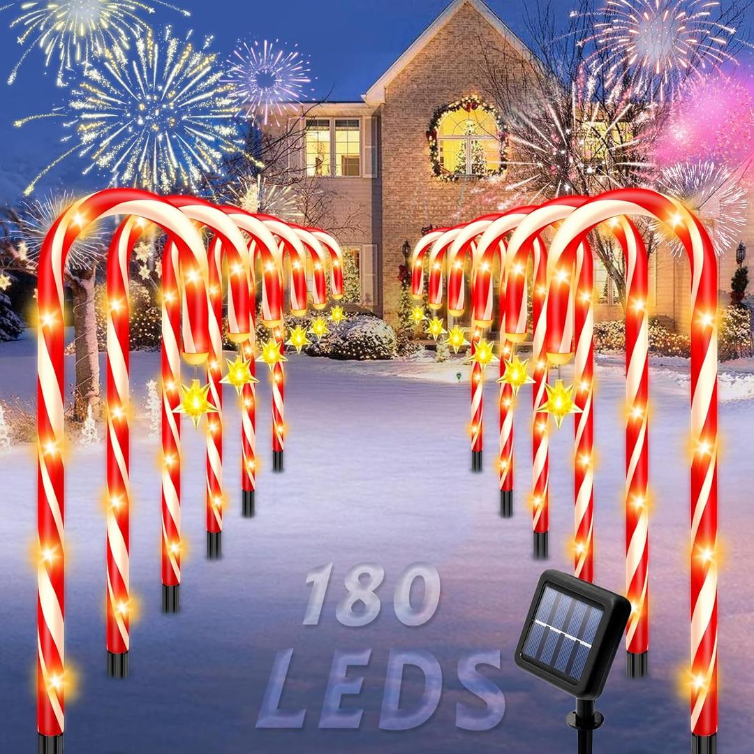 Solar Christmas Decorations Outdoor, 12 Pack Solar Candy Cane Christmas Lights 8 Lighting Modes 180 Bright LED, Waterproof Outside Xmas DIY Decorations for Pathway Yard Garden