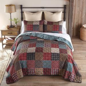 Donna Sharp Appalachia Plaid Cotton Pieced Patchwork Quilted Bedding Set - 3-Piece King Size Quilt Set - Includes 1 Quilt and 2 Pillow Shams - Machine Washable - Perfect for Rustic Decor