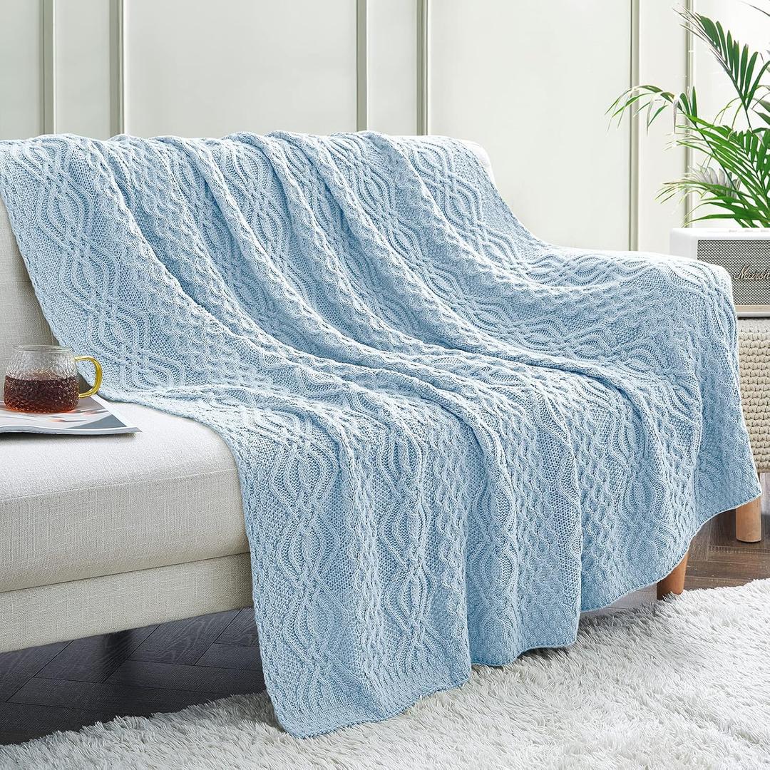 Aormenzy Light Blue Cable Knit Throw Blanket, Soft & Warm Oversized Knitted Blanket for Couch Bed Sofa Living Room, 60 x 80 inch