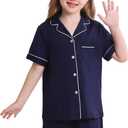 Veseacky Girls Pajamas Sets 100% Cotton PJ ButtonDown Long Sleeve 2 Piece Pajamas Set Boys Girls Pjs  (120-160) (8-9 Years, B-Short-Navy Blue)