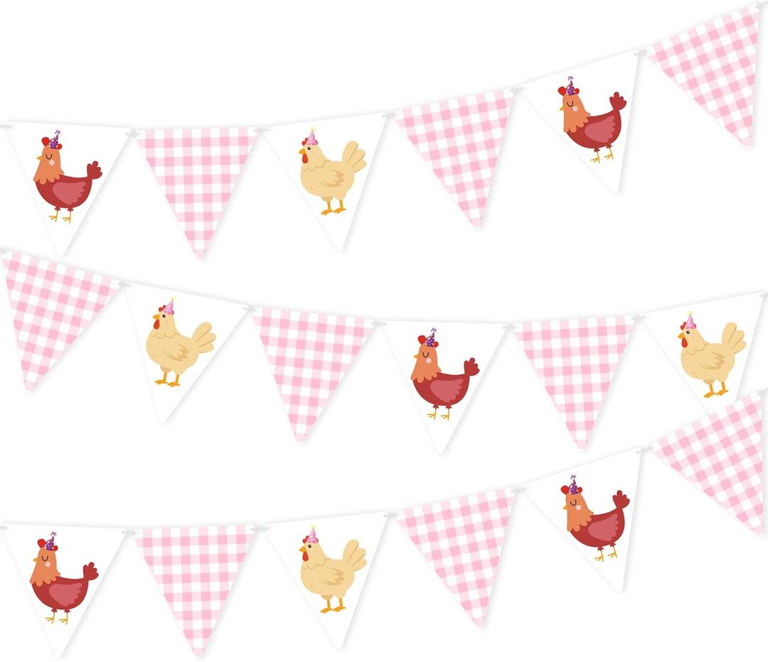 Chicken Themed Pennant Banners Chicken Birthday Party Decorations 2PCS Pink Checkered Chicken Banner Barnyard Farm Animal Theme Baby Shower Decor for Girls Little Chick Bday Supplies