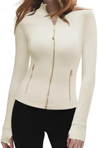 SUUKSESS Women Golden Full Zip Up Workout Cropped Jackets Lightweight Athletic Yoga Tops, Large