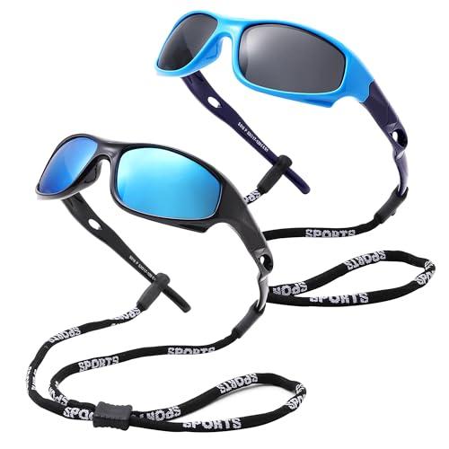 Pro Acme Kids Sunglasses for Boys Girls, Polarized Sports Child Youth Baseball Sunglasses with Strap for Kids Ages 3-12 (Baby Blue + Black Frame|Blue Mirrored lens)