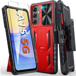 FNTCASE for Samsung Galaxy A15-5G Case: Rugged Protective Phone Cases with Kickstand & Holster | Military Grade Shockproof Protection Sturdy Heavy Duty Drop Proof Hard Covers 6.5 inch Red