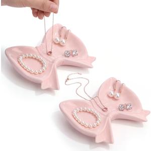 Tondiamo 2 Pcs Coquette Pink Bow Jewelry Dish, Ceramic Trinket Tray for Rings Earrings Necklace Cute Preppy Gifts for Women