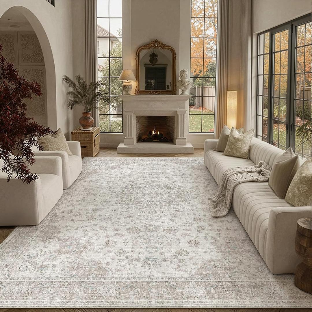 PureCozy 9x12 Area Rug Washable Neutral Beige Vintage Living Room Bedroom Carpet Non Slip Low Pile Soft Floral Indoor Large Throw Rug for Dining Room Office