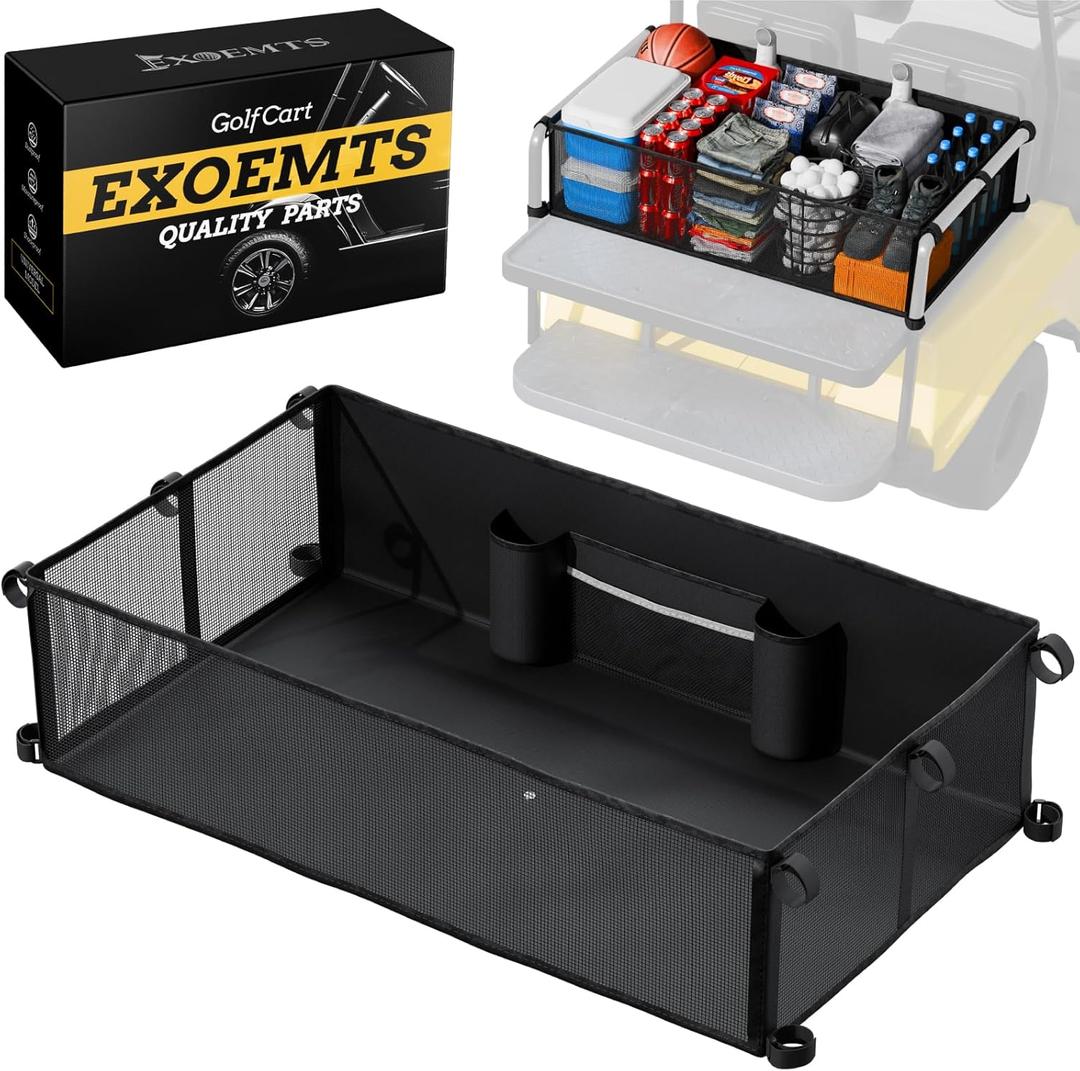 4 Passenger Foldable Golf Cart Cargo Net, Storage Grocery Shopping Bag for Club Car Yamaha EZGO, Firm Elastic Golf Cart Organizer Mesh, No Drilling, Adjustable Straps, Night Reflective, Black