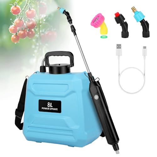 2 Gallon Battery Powered Sprayer, Electric Garden Sprayer, Pump Sprayer with 3 Mist Nozzles & USB Rechargeable Handle & Retractable Wand & Adjustable Strap for Lawn, Garden, Yard(Blue)