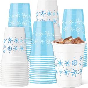 Vesici 100 Pcs 12 oz Snowflake Disposable Plastic Cups Snowflake Drinking Cups Blue and White Winter Party Supplies for Winter Holiday Christmas