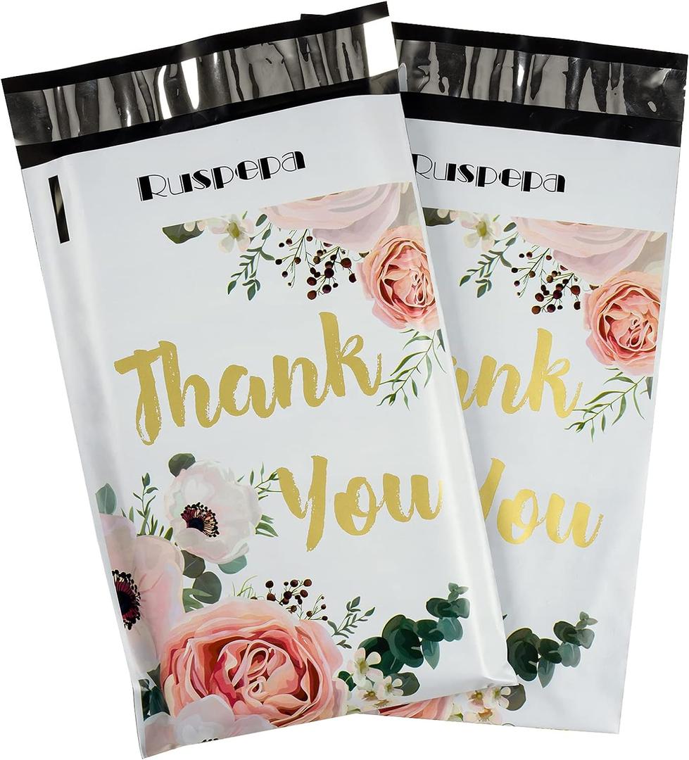 RUSPEPA 6x9 inches Poly Mailers Shipping Bags Thank You Notes Flowers Surrounded White Poly Mailers 2.3 Mil Heavy Duty Self Seal Mailing Envelopes - 100 Pack