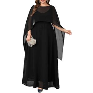 Plus Size Elegant Chiffon Dress Formal Long Cape Sleeve A Line Maxi Evening Gown Wedding Guest Cocktail Dresses, 3XL