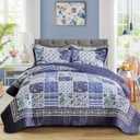 Patchwork Quilt Set Queen Size,3 Pieces Navy Blue White Floral Plaid Reversible American Country Bedspread Coverlet Set for All Season,Summer Soft Colorful Flowers Botanical Microfiber Bedding Set