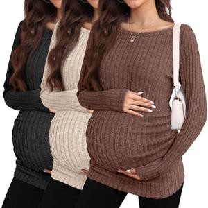 3 Pack Maternity Sweaters Long Sleeve Ribbed Maternity Shirts Lightweight Stretch Pregnancy Tops Winter Layering (Medium, Dark Brown, Apricot, Black)