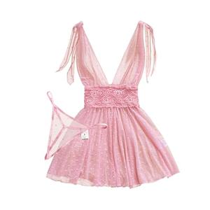 Lilosy Sexy Polka Dots Mesh Sheer Babydoll Chemise Lingerie Set Floral Lace Sleep Wear Women Deep V Slip Night Dress Nighty Negligee Gown With Thong 2 Piece Pink Large