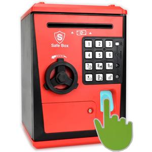 Kids Safe Box with Fingerprint Code, Talking Piggy Bank, ATM Savings Bank for Real Money, Great Toy Gift for Children(Black/Red)
