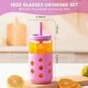 Mrsdry Glass Cups with Lids and Straws (4 Pack), 16oz Drinking Glasses Set with Silicone Sleeves for Coffee Bar Accessories Iced Coffee Cups with Lids, Glass Tumbler Reusable for Gifts