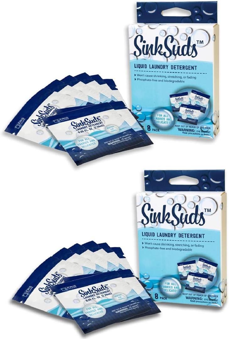 SinkSuds Travel Laundry Detergent Liquid Soap + Odor Eliminator for All Fabrics Including Delicates, Sink-Packets, 0.25 Fl Oz (Pack of 16)