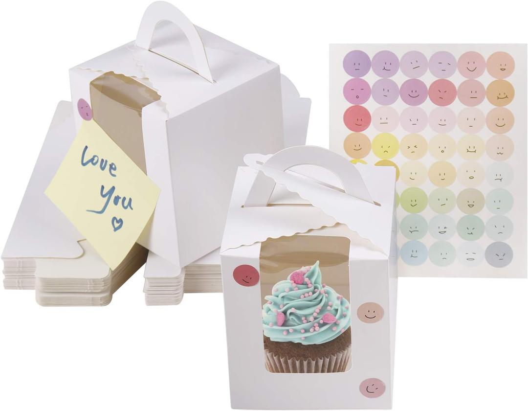 30 Pcs Individual Cupcake Boxes White Single Cupcake Boxes 1 Hole Cake Box with Clear Window Inserts and 2 Sheets of Stickers for Wedding Birthday Party Favors