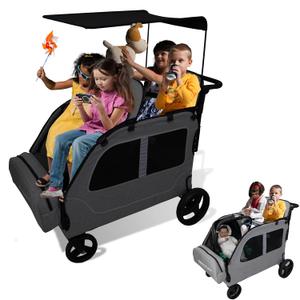 4 Seater Wagon Stroller, Large Wagon for Kids 2 3 Toddler Travel All Terrain Daycare Quad Triple Twin Double Side by Side Stroller with Canopy Convertible Seats (Dark Grey)