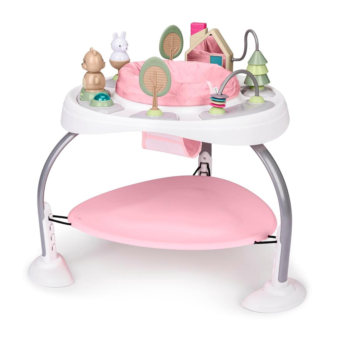 Ingenuity Spring & Sprout 2-in-1 Baby Activity Center Jumper and Table with Infant Toys - Ages 6 Months +, First Forest in Pink
