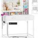 Small Vanity Desk, Vanity Desk with Mirror and Lights, Makeup Vanity Desks with Power Strip, Vanity Table with Drawers and Shelves, Adjustable Lighting, Dressing Table for Bedroom Dressing Room, White