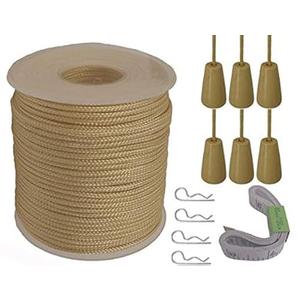 Y-Axis Roll of 60 Yards 2.0mm Light Gold Braided Nylon Lift Shade Cord with 6 Pack White Wood Cord Knobs + Soft Tape