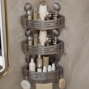 Corner Shower Shelf Suction Cup Shower Caddy Corner No Drilling Bathroom Shower Organizer Storage Rack Adhesive with Towel Bar (3-Pack, Gray)