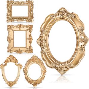 5 Pcs Vintage Mini Picture Frames Small Antique Resin Photo Frame Wall Hanging for DIY Jewelry Display Photography Christmas Photo Holiday Party Decoration (Gold)