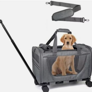 Cat Carrier with Wheels for Dogs, Telescopic Handle Pet Travel Bag,Trolley Rolling Carriers for Small Medium Animals Kitten Puppy, Gray