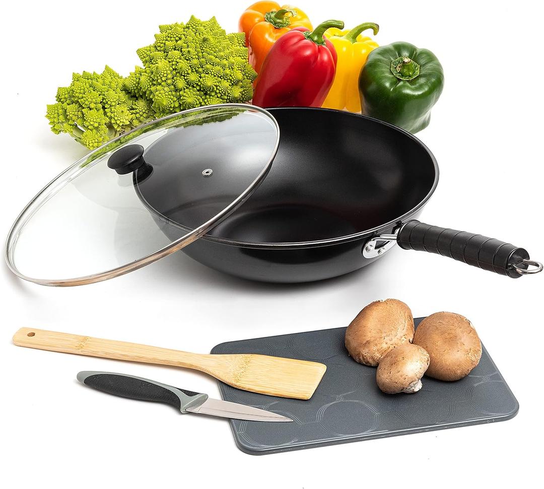 Moss & Stone 5 Pcs Carbon Wok Set, Carbon Steel Wok Pan 12 Inch Woks and Stir Fry Pans, Chinese Wok For Electric, Induction & Gas Stove With Glass Lid, Wok Spatula, Chopping Board & Paring Knife