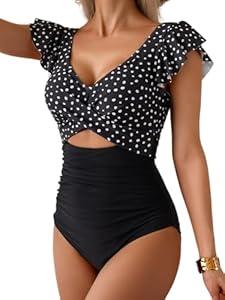 B2prity One Piece Swimsuits for Women Ruffle Sleeve V Neck Bathing Suit Tummy Control Cutout Monokini Slimming Swimwear (X-Small, Black)