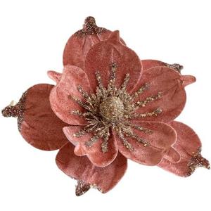 6 Pcs Christmas Glitter Magnolia Flower Artificial Poinsettia Magnolia Flowers with Stem 9.4inch Christmas Tree Magnolia Flowers for Xmas Wedding Holiday Decor Wreath Garland Photo Prop (Pink)