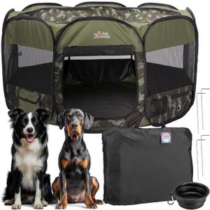 Rocky + Snowball Pop Up Playpen for Dogs - Puppy Dog Cats Rabbits Play Pen for Indoors or Outdoors - Portable Playpen with Carrying Case & Collapsible Bowl - Camo Print - XL